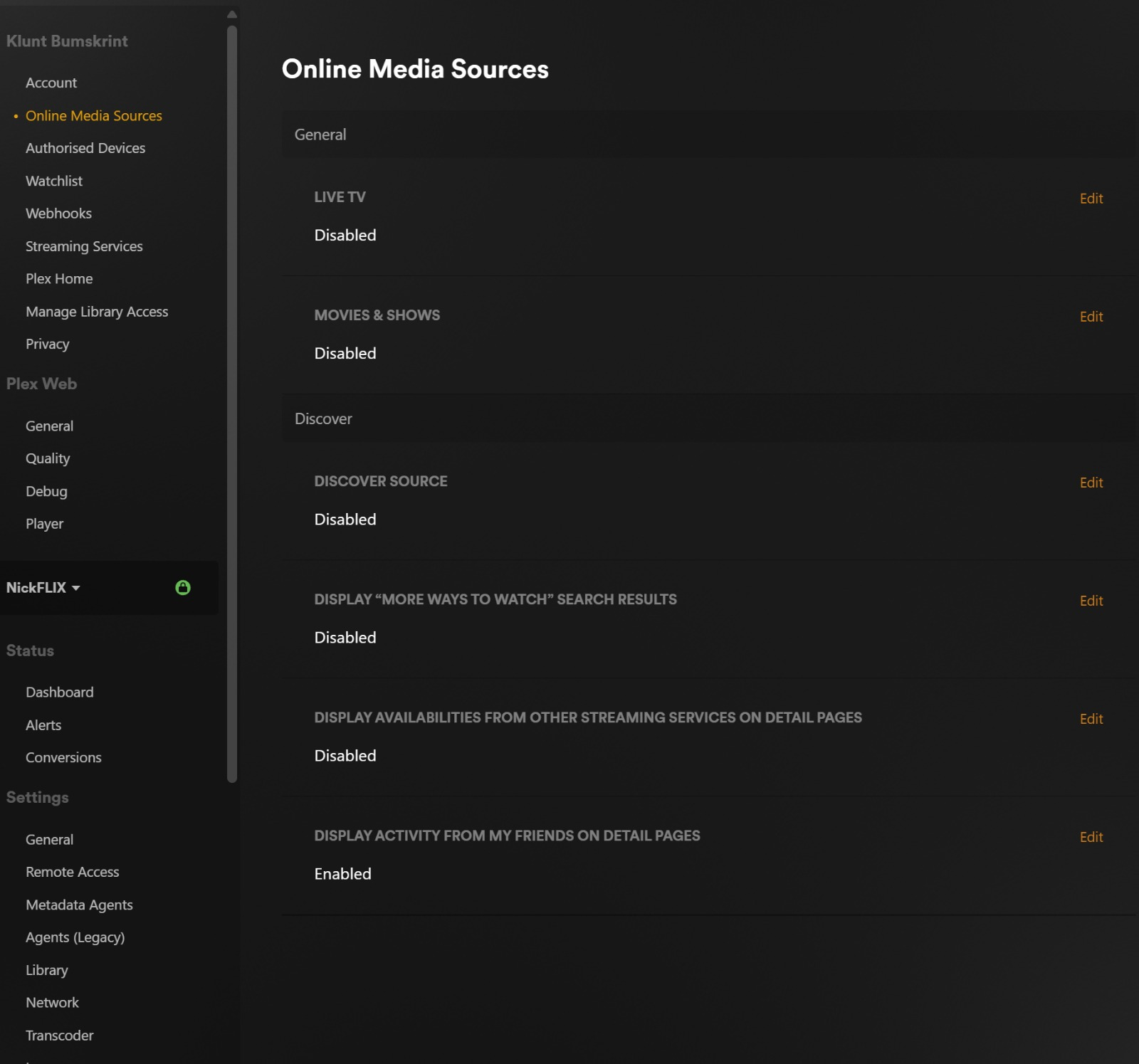 Plex Online Media Sources settings with Plex extras disabled